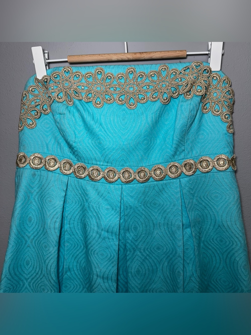 Lilly Pulitzer Betsey Strapless Wave Jacquard Dress Aqua Blue Gold Lace Trim 6 - Picture 4 of 14